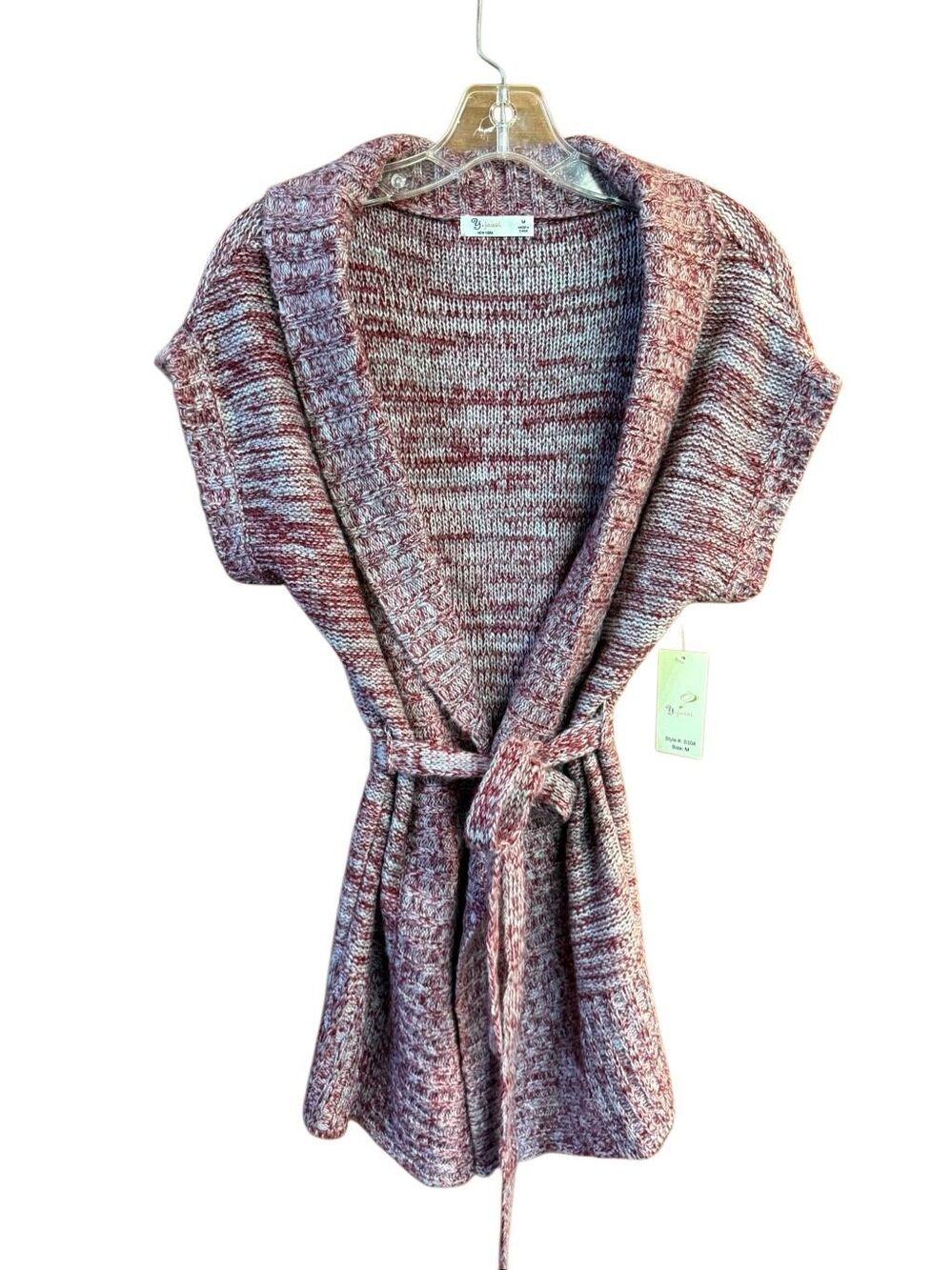 Y. Jessi New York, marbled Knit Cardigan Sweater Size M Belted Short Sleeve burg